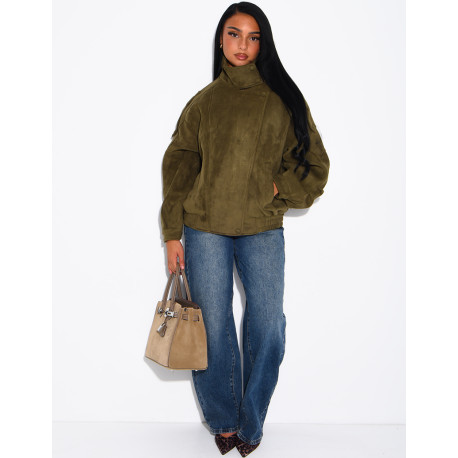 Oversized jacket with a stand-up collar in suede-effect fabric