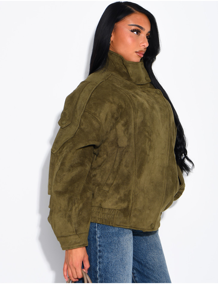Oversized jacket with a stand-up collar in suede-effect fabric