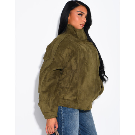 Oversized jacket with a stand-up collar in suede-effect fabric