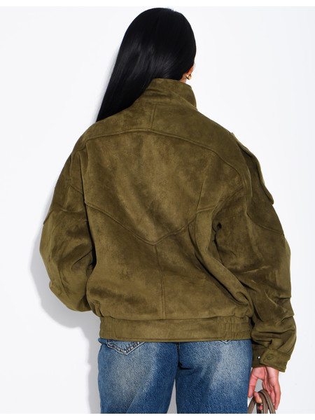 Oversized jacket with a stand-up collar in suede-effect fabric