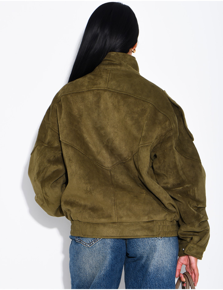 Oversized jacket with a stand-up collar in suede-effect fabric