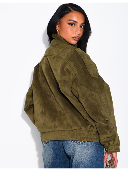 Oversized jacket with a stand-up collar in suede-effect fabric