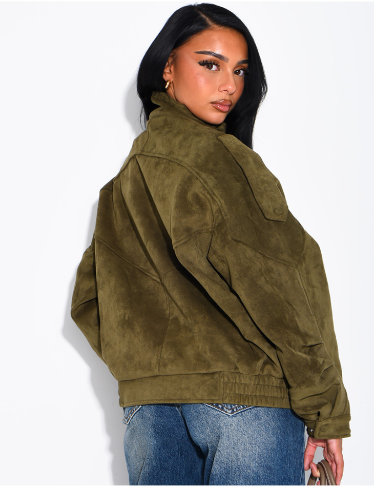 Oversized jacket with a stand-up collar in suede-effect fabric