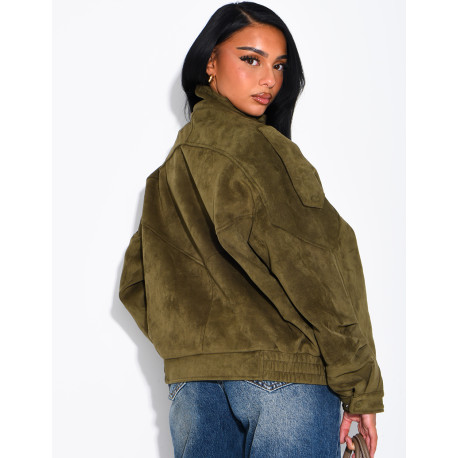 Oversized jacket with a stand-up collar in suede-effect fabric