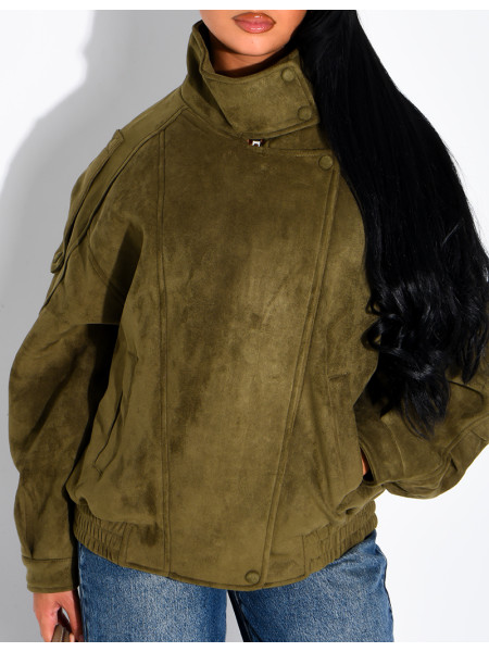 Oversized jacket with a stand-up collar in suede-effect fabric