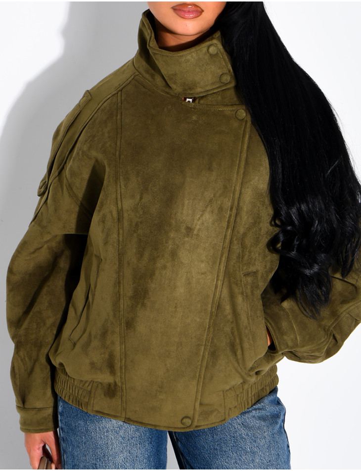 Oversized jacket with a stand-up collar in suede-effect fabric