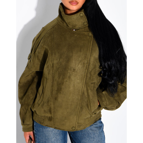 Oversized jacket with a stand-up collar in suede-effect fabric