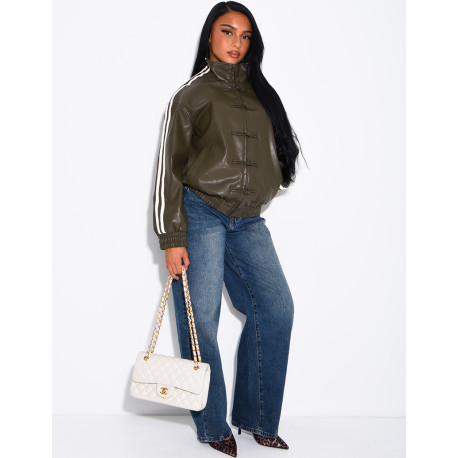 Faux leather jacket with Asian-style knotted buttons and straps