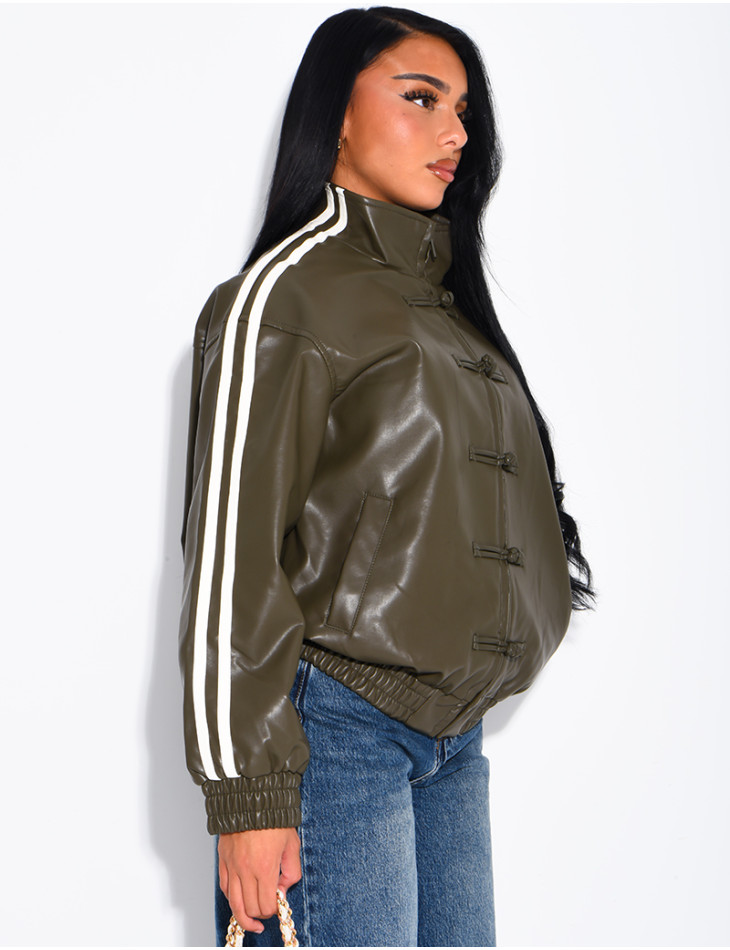 Faux leather jacket with Asian-style knotted buttons and straps