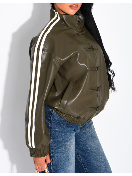 Faux leather jacket with Asian-style knotted buttons and straps