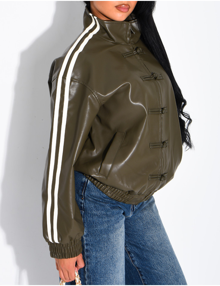Faux leather jacket with Asian-style knotted buttons and straps