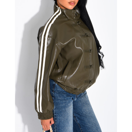 Faux leather jacket with Asian-style knotted buttons and straps