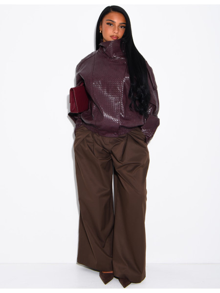 Oversized faux leather jacket with a braided look and a stand-up collar