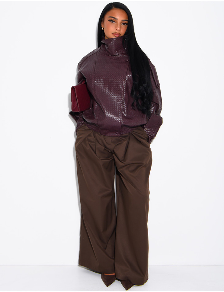 Oversized faux leather jacket with a braided look and a stand-up collar