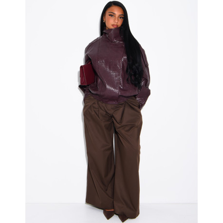 Oversized faux leather jacket with a braided look and a stand-up collar