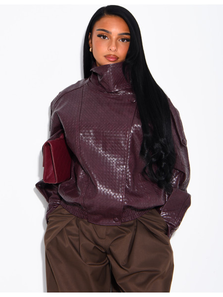 Oversized faux leather jacket with a braided look and a stand-up collar