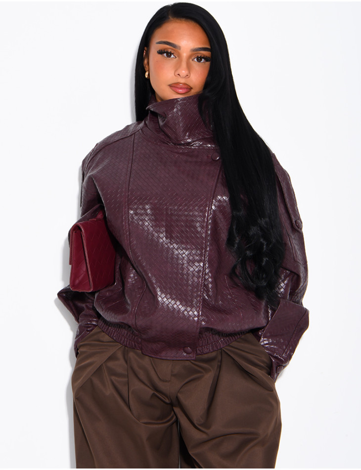 Oversized faux leather jacket with a braided look and a stand-up collar