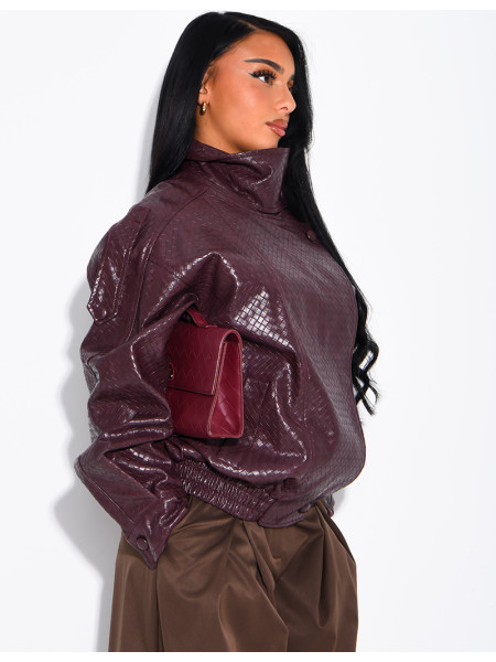 Oversized faux leather jacket with a braided look and a stand-up collar