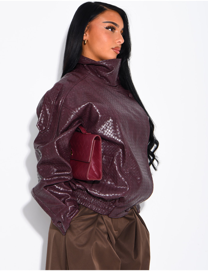 Oversized faux leather jacket with a braided look and a stand-up collar