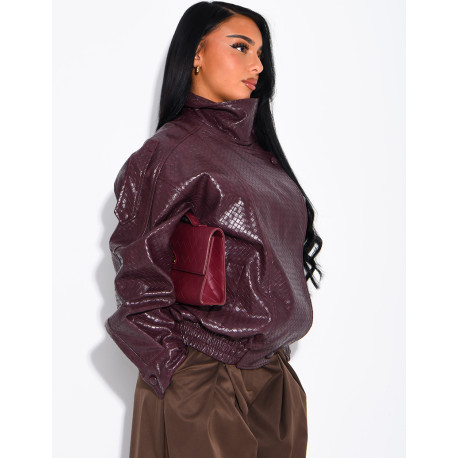 Oversized faux leather jacket with a braided look and a stand-up collar