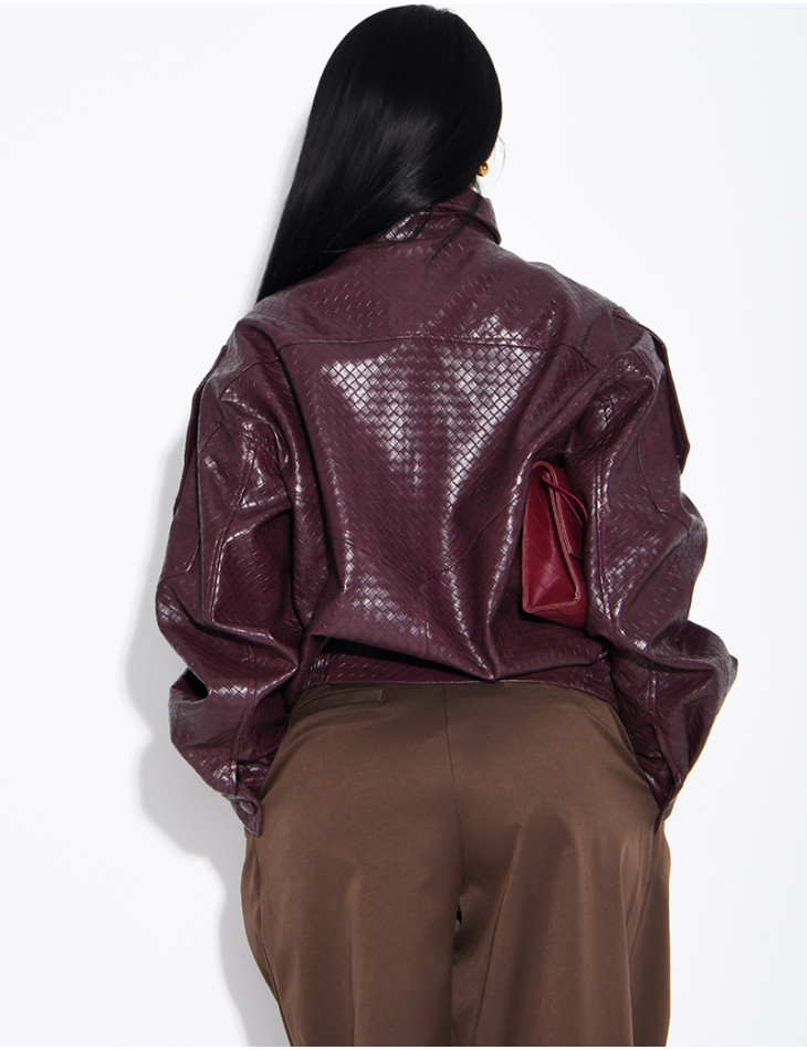 Oversized faux leather jacket with a braided look and a stand-up collar