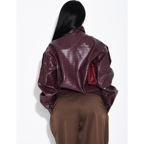 Oversized faux leather jacket with a braided look and a stand-up collar