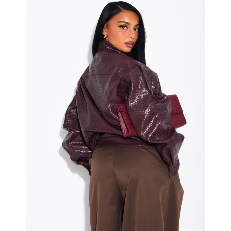 Oversized faux leather jacket with a braided look and a stand-up collar