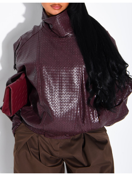 Oversized faux leather jacket with a braided look and a stand-up collar