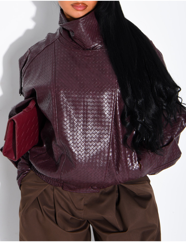 Oversized faux leather jacket with a braided look and a stand-up collar
