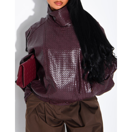Oversized faux leather jacket with a braided look and a stand-up collar