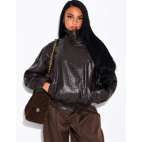 Oversized faux leather jacket with a braided look and a stand-up collar