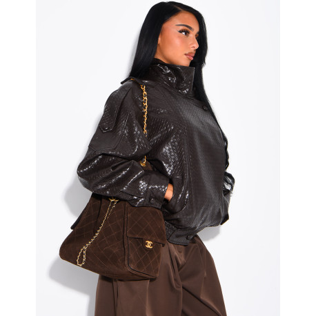 Oversized faux leather jacket with a braided look and a stand-up collar