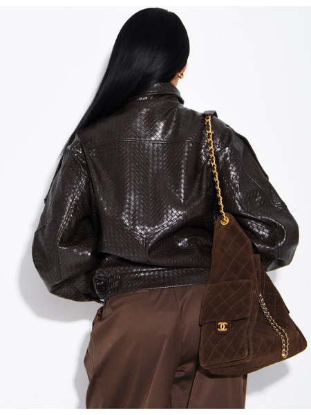 Oversized faux leather jacket with a braided look and a stand-up collar