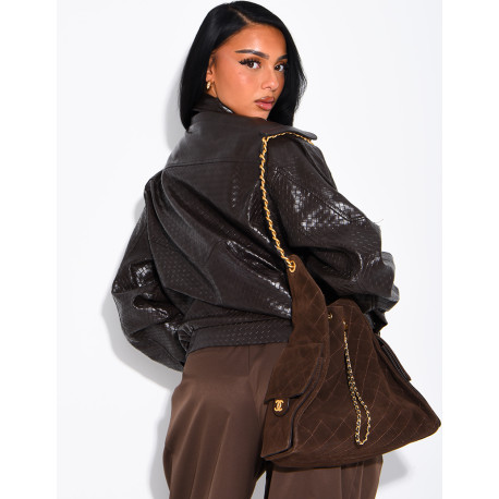 Oversized faux leather jacket with a braided look and a stand-up collar