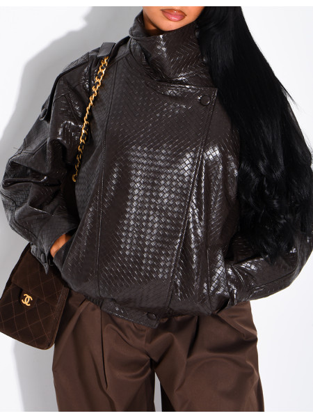 Oversized faux leather jacket with a braided look and a stand-up collar