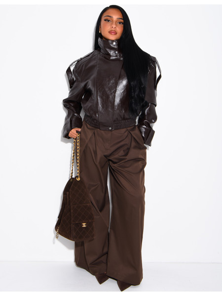 Oversized faux patent leather jacket with shoulder pads