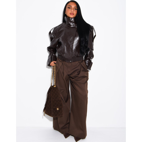 Oversized faux patent leather jacket with shoulder pads