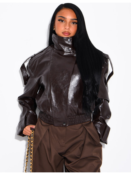 Oversized faux patent leather jacket with shoulder pads