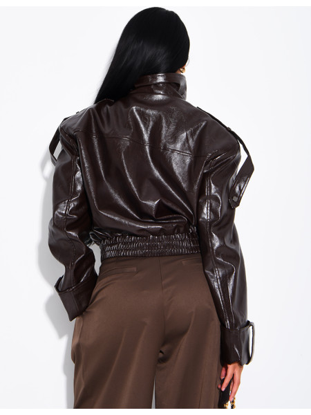 Oversized faux patent leather jacket with shoulder pads