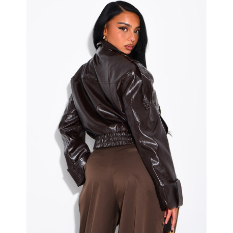 Oversized faux patent leather jacket with shoulder pads