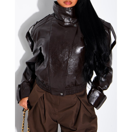 Oversized faux patent leather jacket with shoulder pads