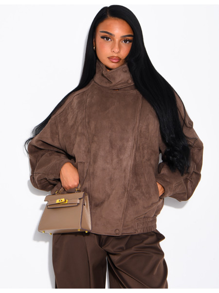 Oversized jacket with a stand-up collar in suede-effect fabric