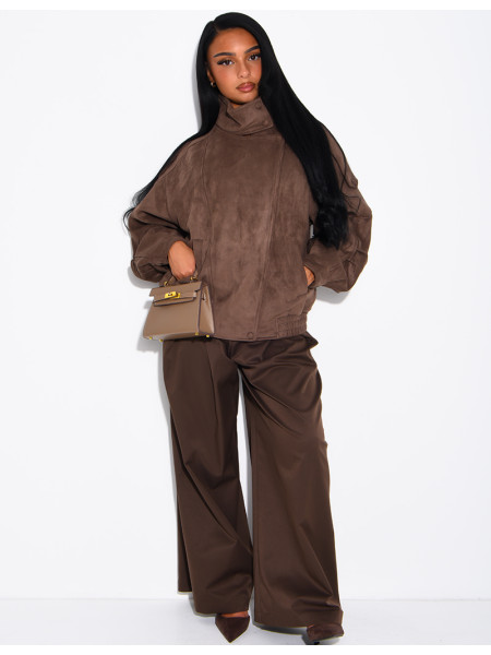 Oversized jacket with a stand-up collar in suede-effect fabric