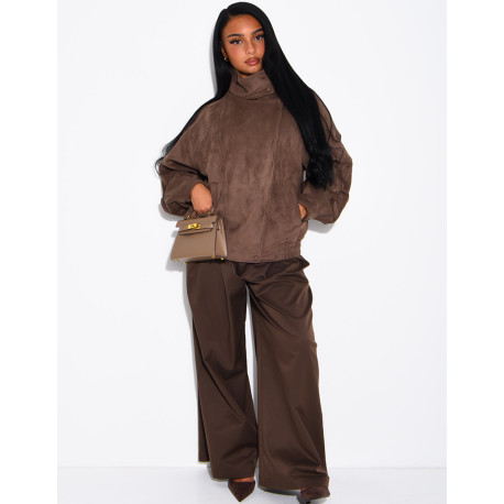 Oversized jacket with a stand-up collar in suede-effect fabric