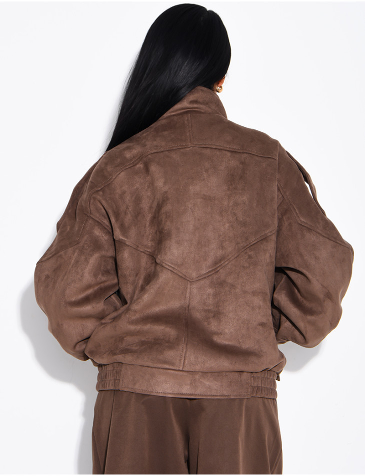 Oversized jacket with a stand-up collar in suede-effect fabric