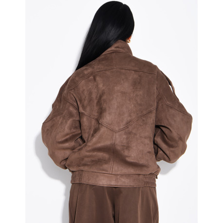 Oversized jacket with a stand-up collar in suede-effect fabric