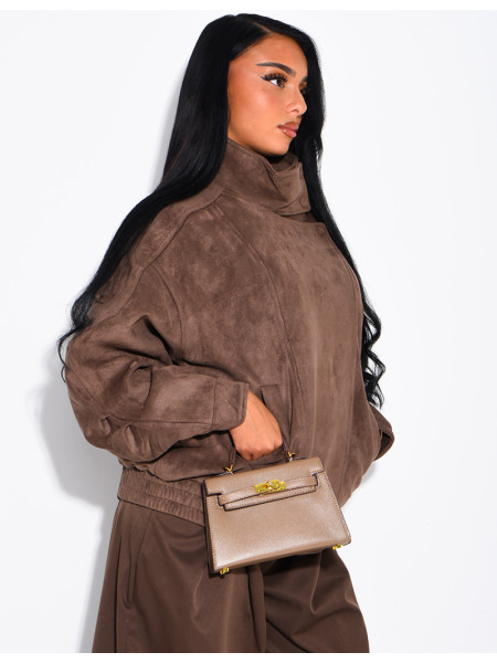 Oversized jacket with a stand-up collar in suede-effect fabric