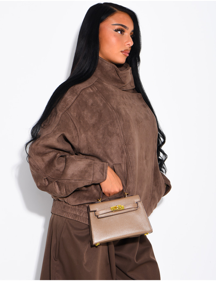 Oversized jacket with a stand-up collar in suede-effect fabric