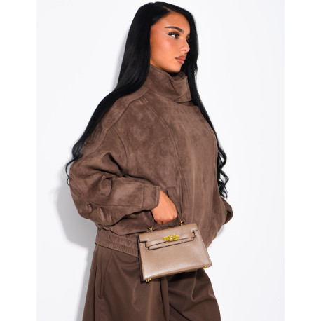 Oversized jacket with a stand-up collar in suede-effect fabric