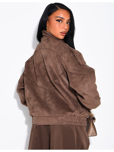 Oversized jacket with a stand-up collar in suede-effect fabric